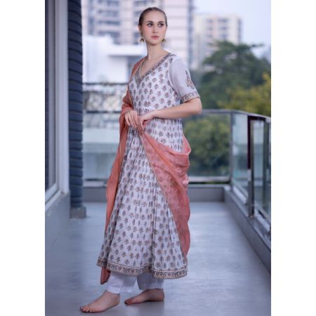 White Gathered Anarkali Set with Hand Embroidery